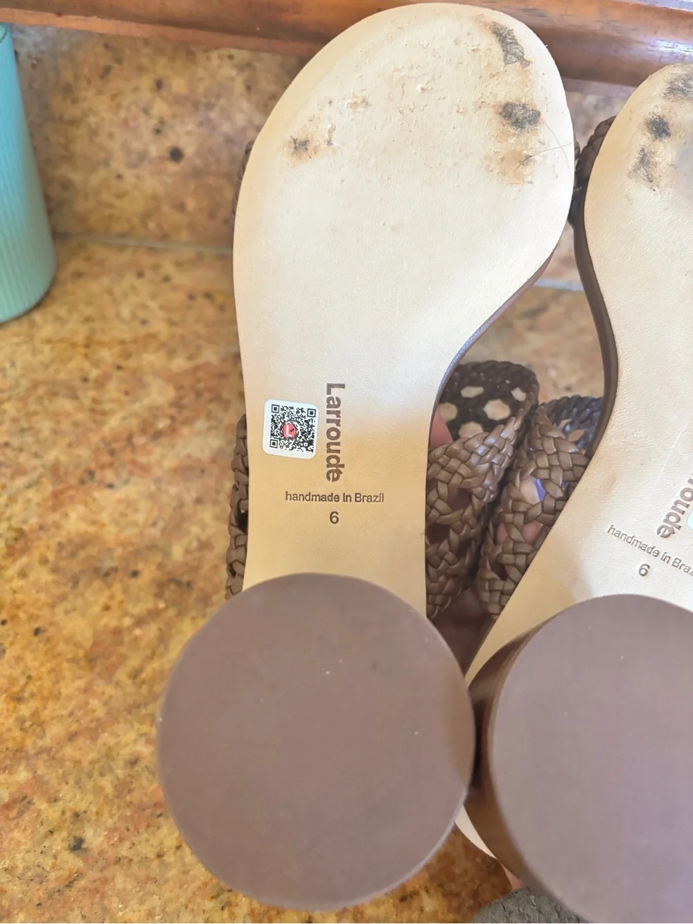 Larroudé Designer Dew Drop Brown Woven Sandals